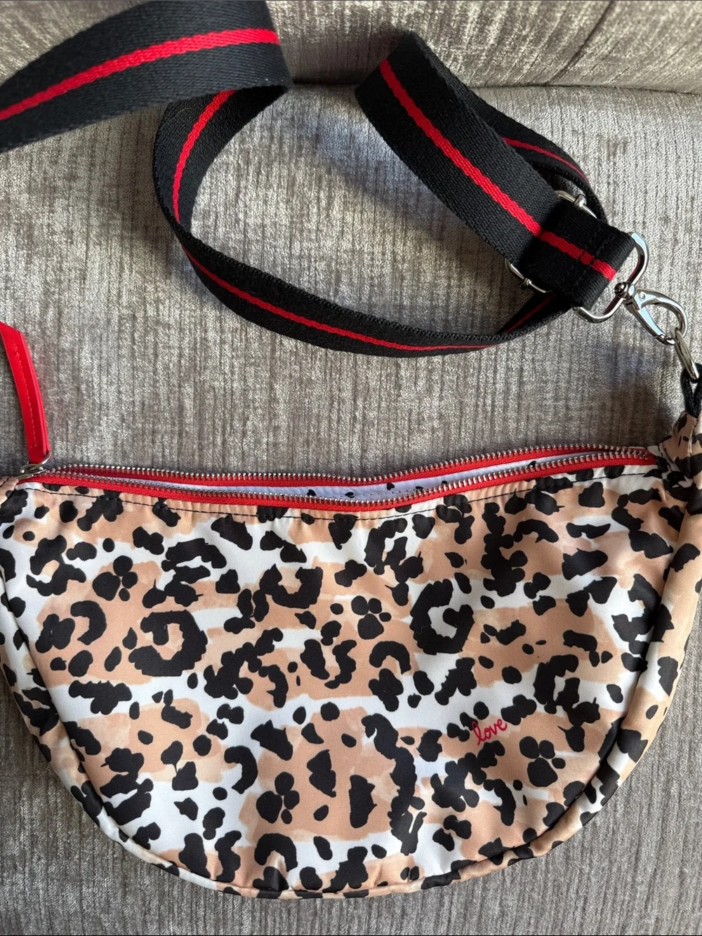 Brighton LOVE Leopard Print Crossbody Bag with Black and Red Strap